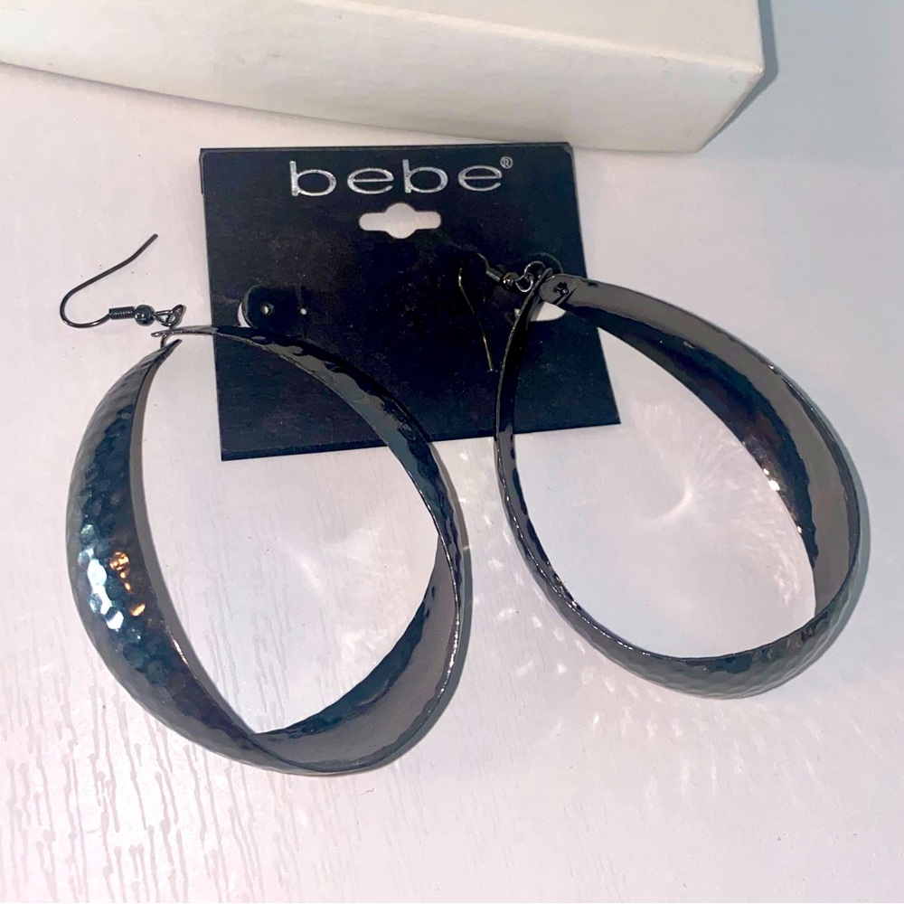 Bebe Etched Hammered Silver Pewter Teardrop Hoop Earrings - like new!